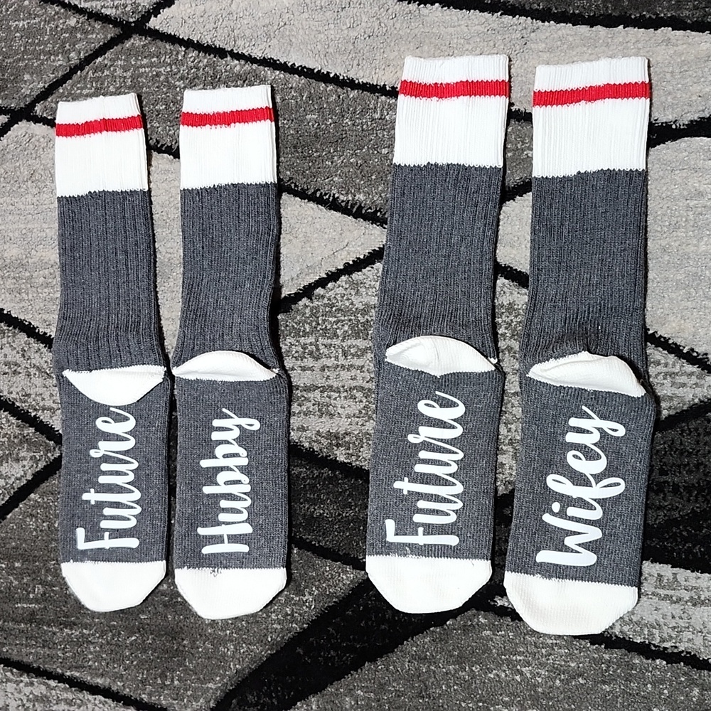 FUTURE WIFEY & FUTURE HUBBY ONE-SIZE GRAY & WHITE NOVELTY CREWSOCKS